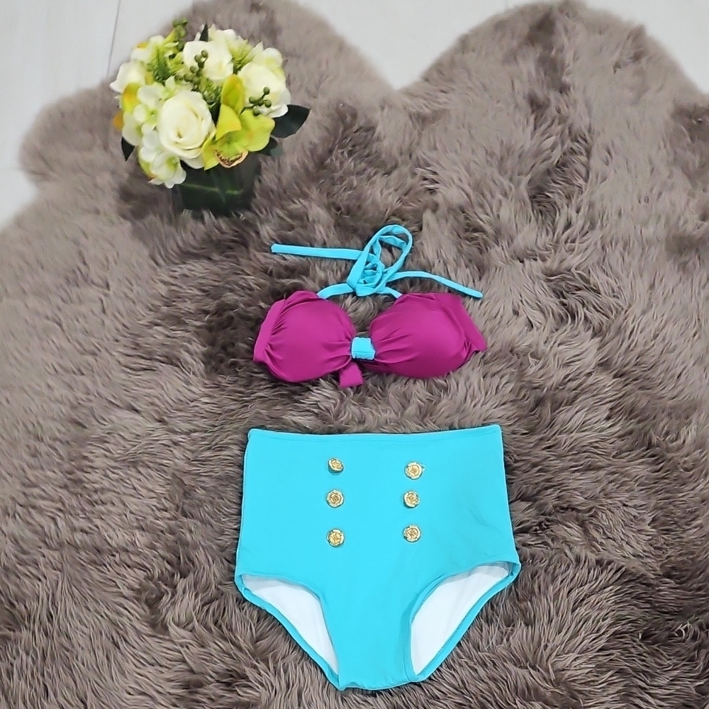 Purple and Blue High-Waisted Bikini Set